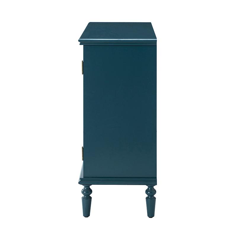 Meuble d'appoint 2 portes avec portes à motifs floraux sculptés, étagère intérieure fixe et pieds tournés en bois massif | Bleu / Gris / Blanc | Unique