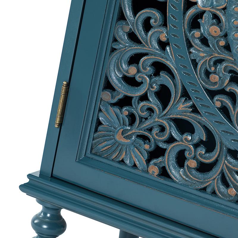 Meuble d'appoint 2 portes avec portes à motifs floraux sculptés, étagère intérieure fixe et pieds tournés en bois massif | Bleu / Gris / Blanc | Unique