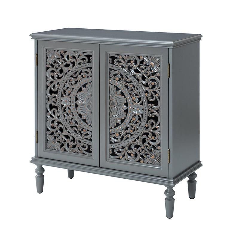 Meuble d'appoint 2 portes avec portes à motifs floraux sculptés, étagère intérieure fixe et pieds tournés en bois massif | Bleu / Gris / Blanc | Unique