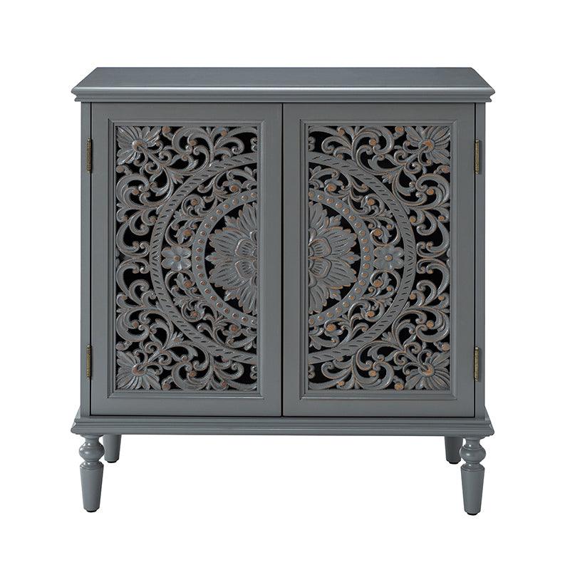Meuble d'appoint 2 portes avec portes à motifs floraux sculptés, étagère intérieure fixe et pieds tournés en bois massif | Bleu / Gris / Blanc | Unique