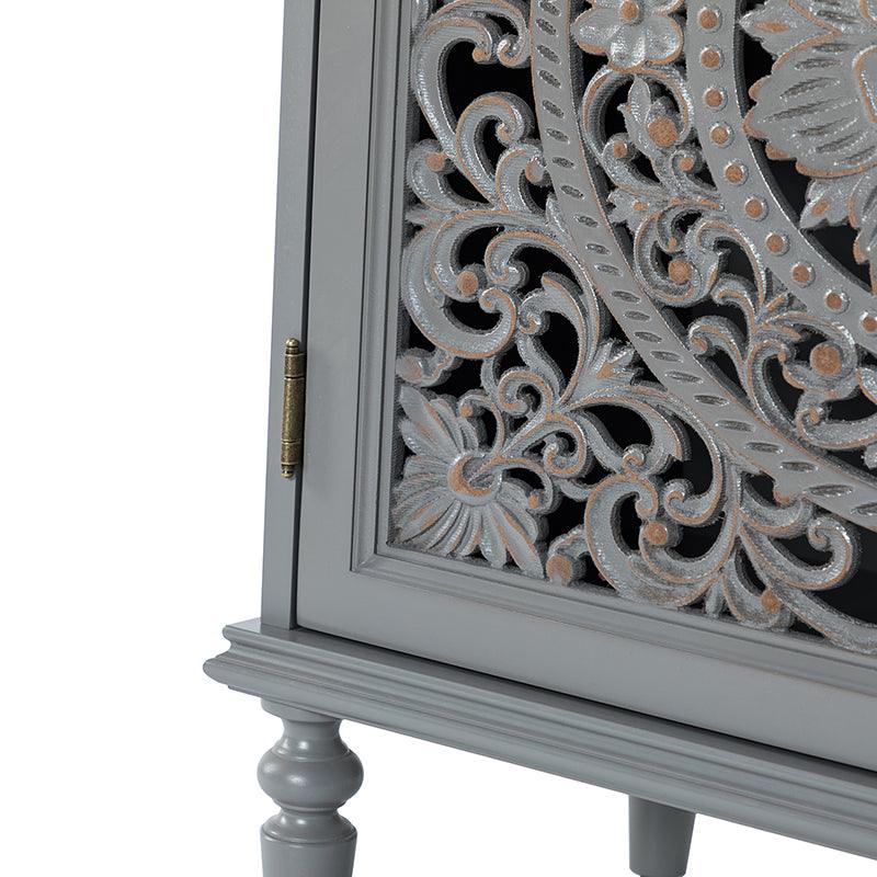 Meuble d'appoint 2 portes avec portes à motifs floraux sculptés, étagère intérieure fixe et pieds tournés en bois massif | Bleu / Gris / Blanc | Unique