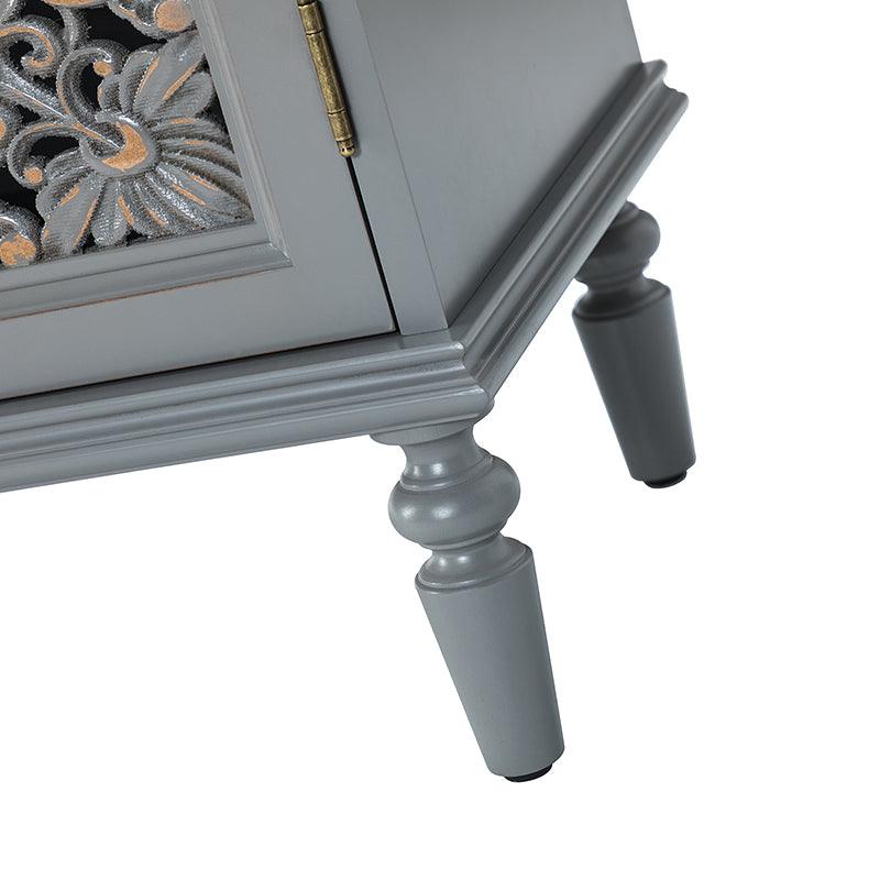 Meuble d'appoint 2 portes avec portes à motifs floraux sculptés, étagère intérieure fixe et pieds tournés en bois massif | Bleu / Gris / Blanc | Unique