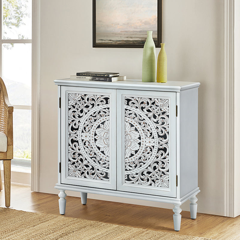 Meuble d'appoint 2 portes avec portes à motifs floraux sculptés, étagère intérieure fixe et pieds tournés en bois massif | Bleu / Gris / Blanc | Unique