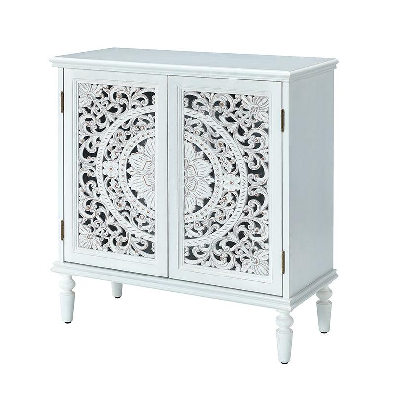 Meuble d'appoint 2 portes avec portes à motifs floraux sculptés, étagère intérieure fixe et pieds tournés en bois massif | Bleu / Gris / Blanc | Unique