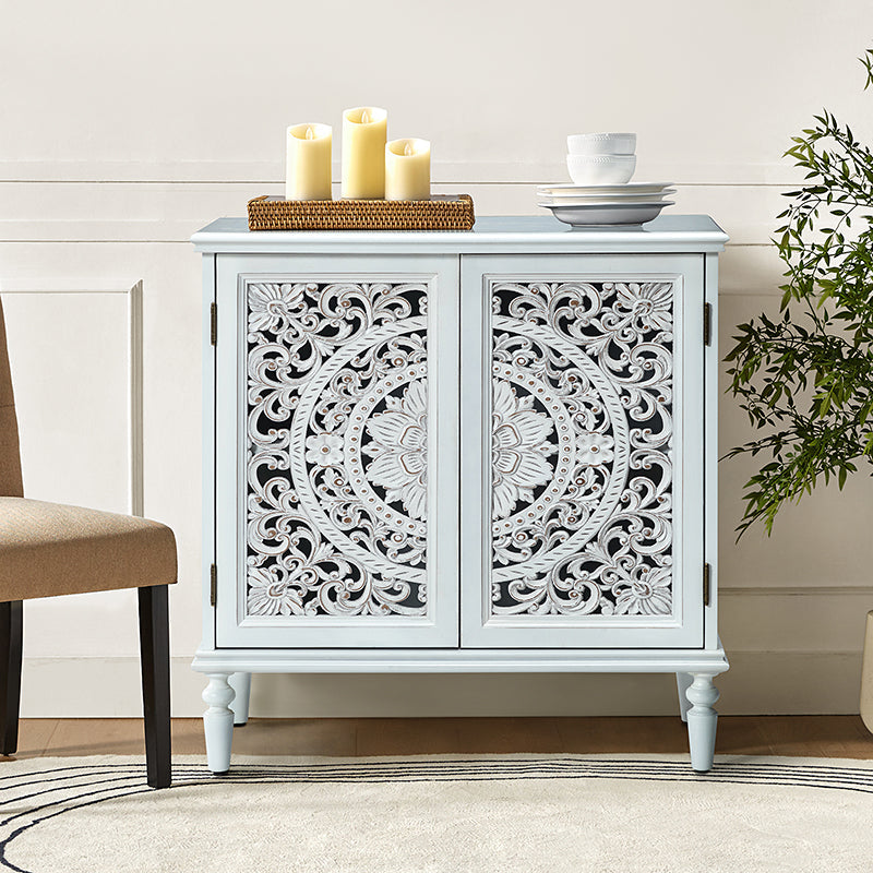 Meuble d'appoint 2 portes avec portes à motifs floraux sculptés, étagère intérieure fixe et pieds tournés en bois massif | Bleu / Gris / Blanc | Unique