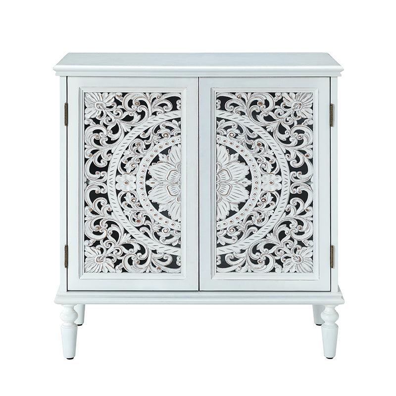 Meuble d'appoint 2 portes avec portes à motifs floraux sculptés, étagère intérieure fixe et pieds tournés en bois massif | Bleu / Gris / Blanc | Unique