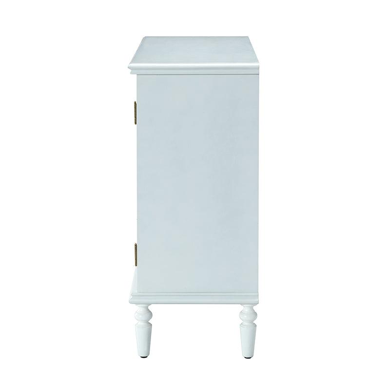 Meuble d'appoint 2 portes avec portes à motifs floraux sculptés, étagère intérieure fixe et pieds tournés en bois massif | Bleu / Gris / Blanc | Unique