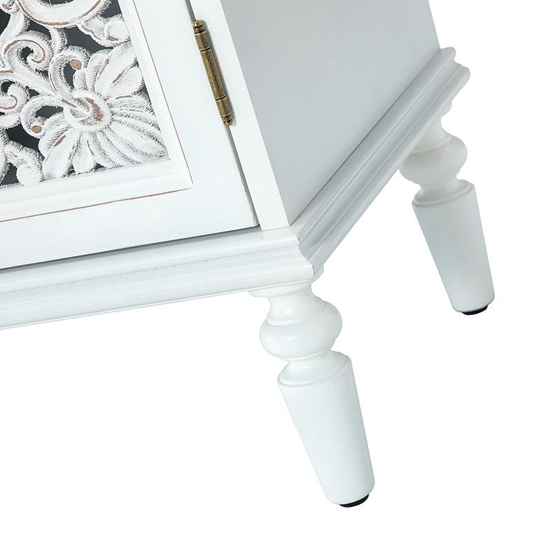 Meuble d'appoint 2 portes avec portes à motifs floraux sculptés, étagère intérieure fixe et pieds tournés en bois massif | Bleu / Gris / Blanc | Unique