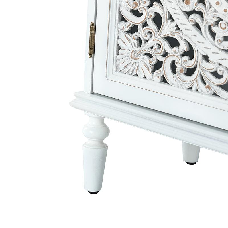 Meuble d'appoint 2 portes avec portes à motifs floraux sculptés, étagère intérieure fixe et pieds tournés en bois massif | Bleu / Gris / Blanc | Unique