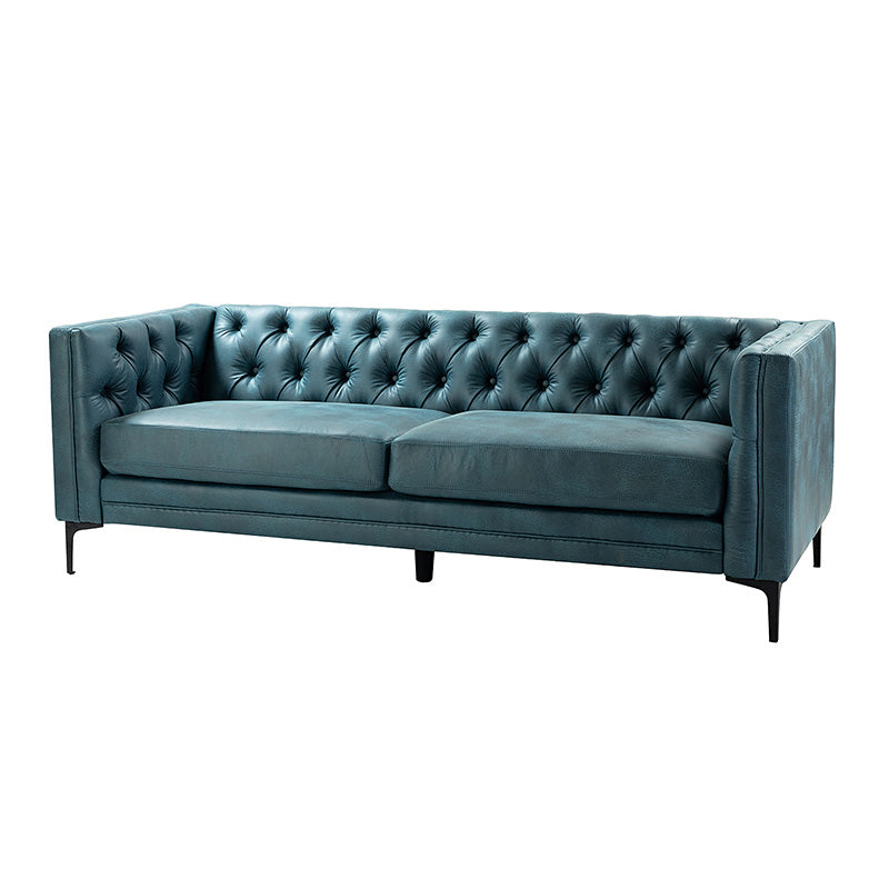 Canapé 2 places en polyester capitonné de 84 pouces avec accoudoirs carrés, pieds en métal noir et 2 coussins | Camel / Gris / Vert / Anthracite / Bleu