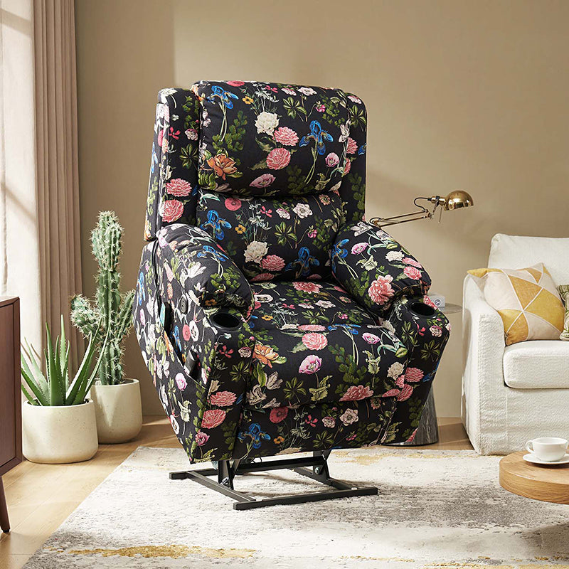 Fauteuil inclinable releveur électrique double moteur avec massage, chauffage, port USB, porte-gobelets et poches latérales | Noir / Bleu | Monoplace