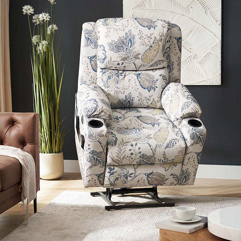 Fauteuil inclinable releveur électrique double moteur avec massage, chauffage, port USB, porte-gobelets et poches latérales | Noir / Bleu | Monoplace