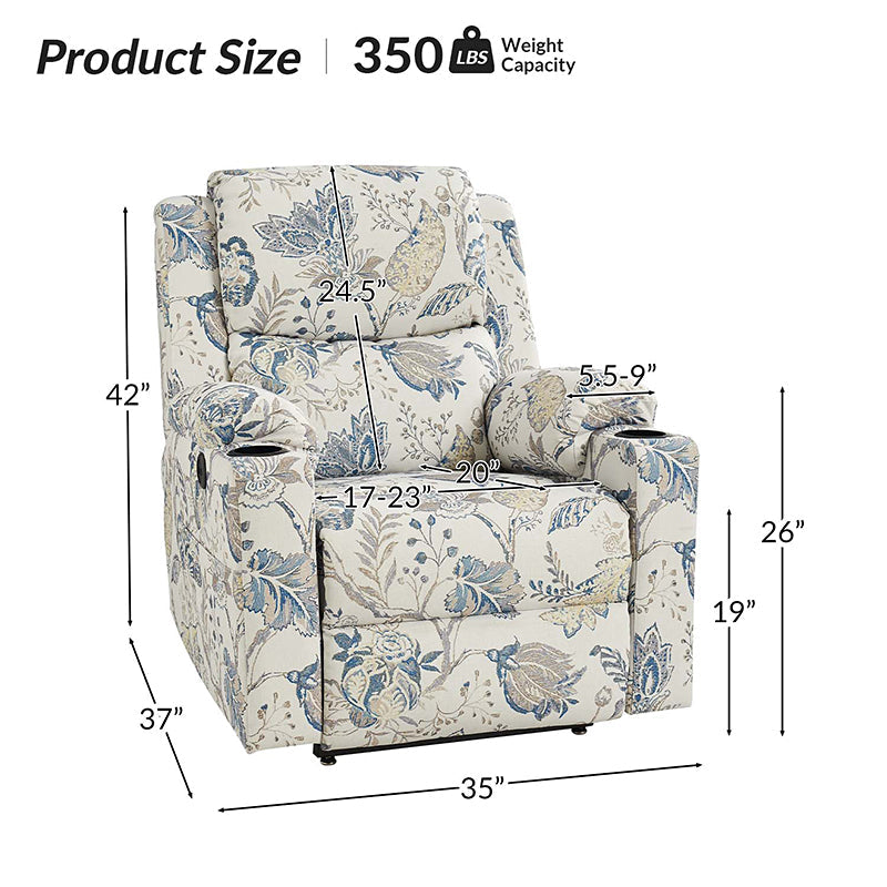 Fauteuil inclinable releveur électrique double moteur avec massage, chauffage, port USB, porte-gobelets et poches latérales | Noir / Bleu | Monoplace