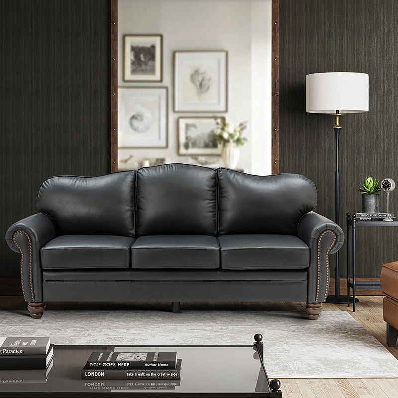 Canapé à accoudoirs arrondis en cuir véritable avec clous décoratifs, coussins amovibles, ressorts en S et pieds tournés en bois d'hévéa couleur noyer | Camel / Beige / Sauge / Noir / Bleu marine / Marron / Gris / Turquoise | 3 places