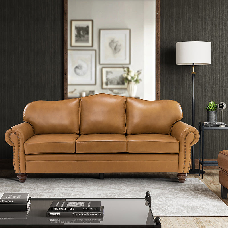 Canapé à accoudoirs arrondis en cuir véritable avec clous décoratifs, coussins amovibles, ressorts en S et pieds tournés en bois d'hévéa couleur noyer | Camel / Beige / Sauge / Noir / Bleu marine / Marron / Gris / Turquoise | 3 places