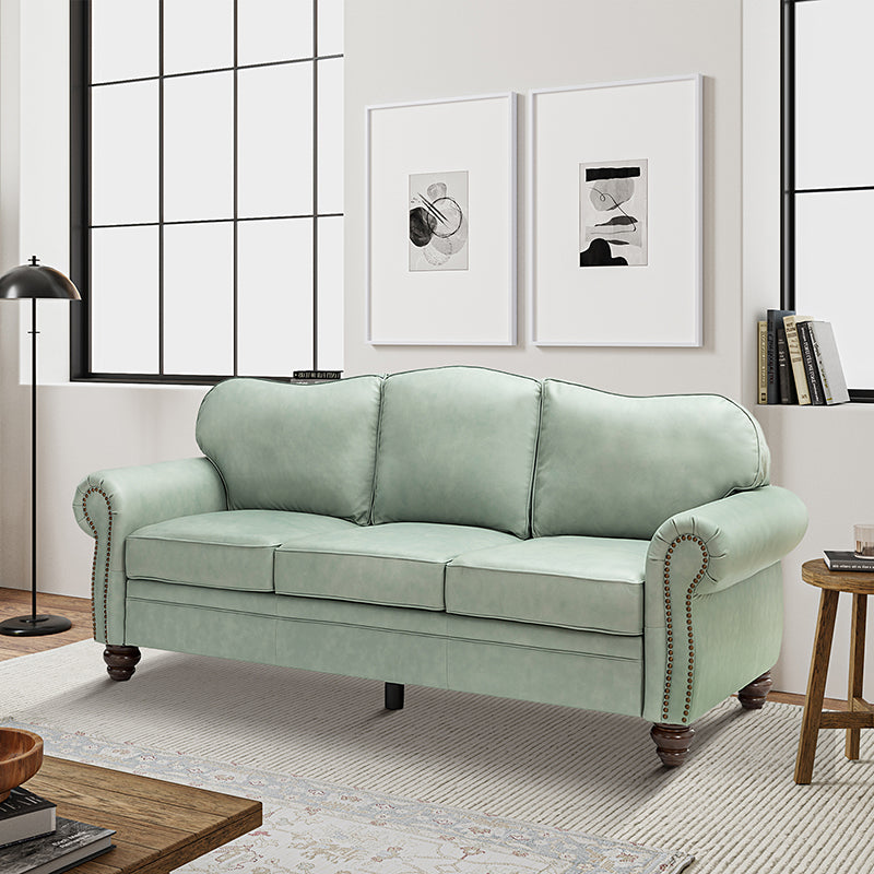 Canapé à accoudoirs arrondis en cuir véritable avec clous décoratifs, coussins amovibles, ressorts en S et pieds tournés en bois d'hévéa couleur noyer | Camel / Beige / Sauge / Noir / Bleu marine / Marron / Gris / Turquoise | 3 places