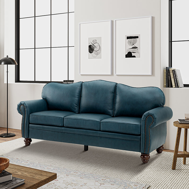 Canapé à accoudoirs arrondis en cuir véritable avec clous décoratifs, coussins amovibles, ressorts en S et pieds tournés en bois d'hévéa couleur noyer | Camel / Beige / Sauge / Noir / Bleu marine / Marron / Gris / Turquoise | 3 places