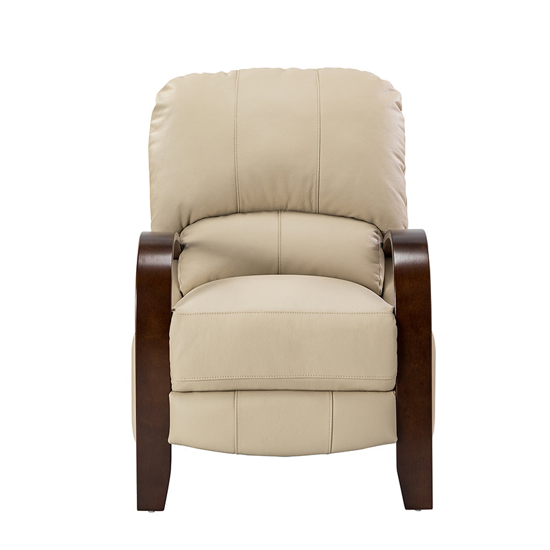 Fauteuil inclinable manuel en cuir véritable avec accoudoirs incurvés, ressorts sinueux et pieds en hévéa noyer | Beige / Chocolat / Camel / Noir / Bordeaux / Marron / Bleu marine / Tourterelle / Gris | Siège unique