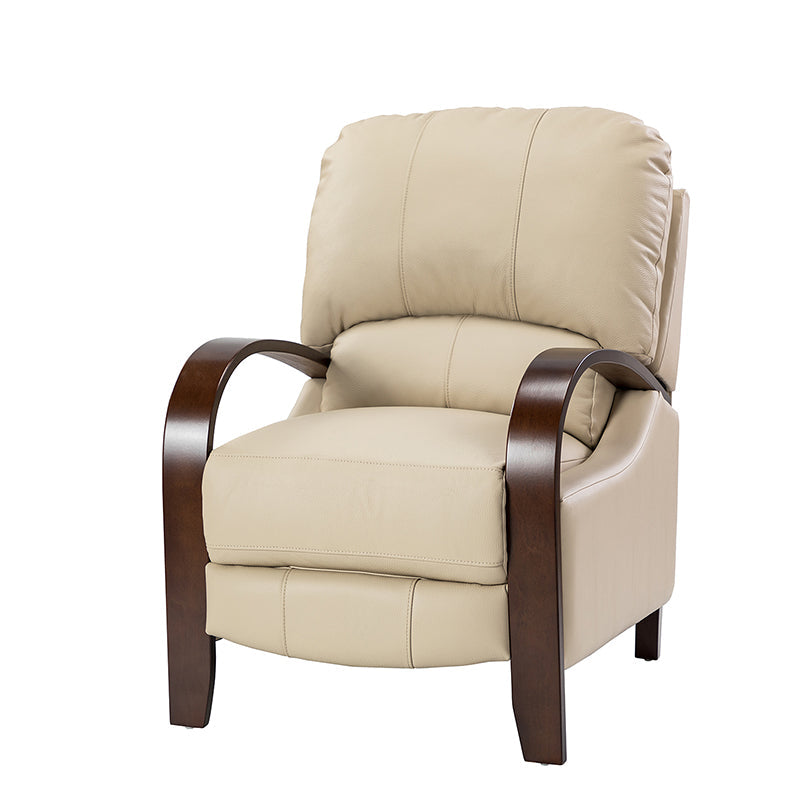 Fauteuil inclinable manuel en cuir véritable avec accoudoirs incurvés, ressorts sinueux et pieds en hévéa noyer | Beige / Chocolat / Camel / Noir / Bordeaux / Marron / Bleu marine / Tourterelle / Gris | Siège unique