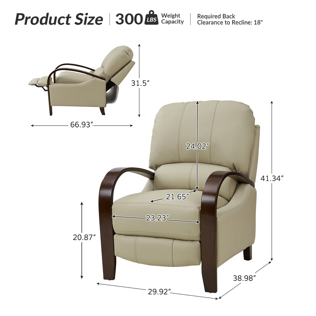 Fauteuil inclinable manuel en cuir véritable avec accoudoirs incurvés, ressorts sinueux et pieds en hévéa noyer | Beige / Chocolat / Camel / Noir / Bordeaux / Marron / Bleu marine / Tourterelle / Gris | Siège unique