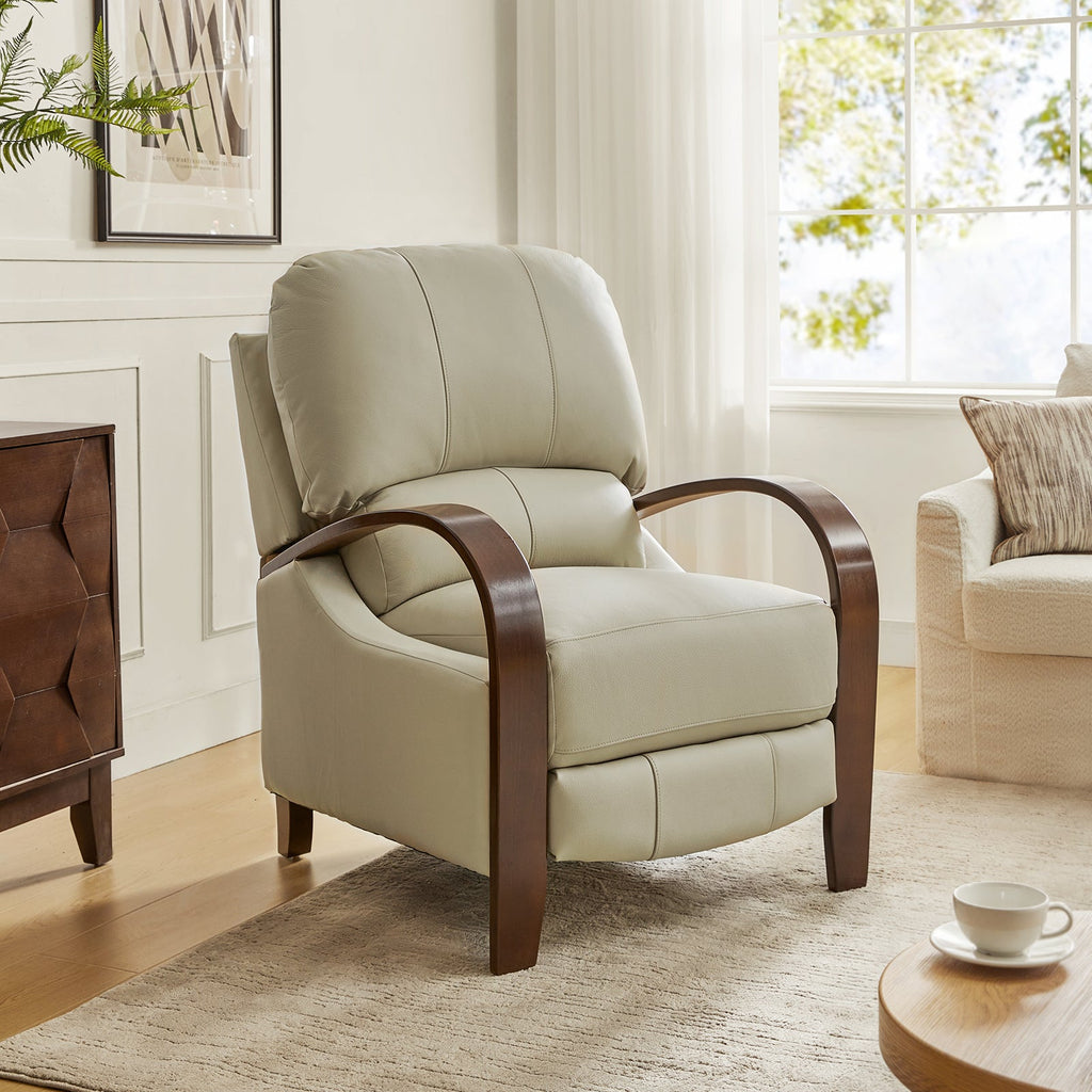 Fauteuil inclinable manuel en cuir véritable avec accoudoirs incurvés, ressorts sinueux et pieds en hévéa noyer | Beige / Chocolat / Camel / Noir / Bordeaux / Marron / Bleu marine / Tourterelle / Gris | Siège unique