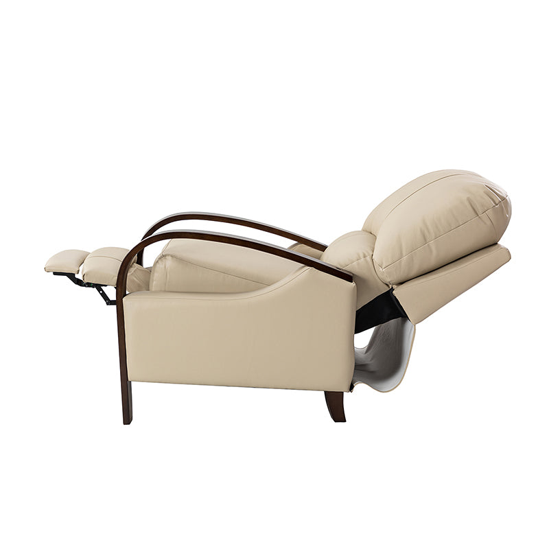 Fauteuil inclinable manuel en cuir véritable avec accoudoirs incurvés, ressorts sinueux et pieds en hévéa noyer | Beige / Chocolat / Camel / Noir / Bordeaux / Marron / Bleu marine / Tourterelle / Gris | Siège unique