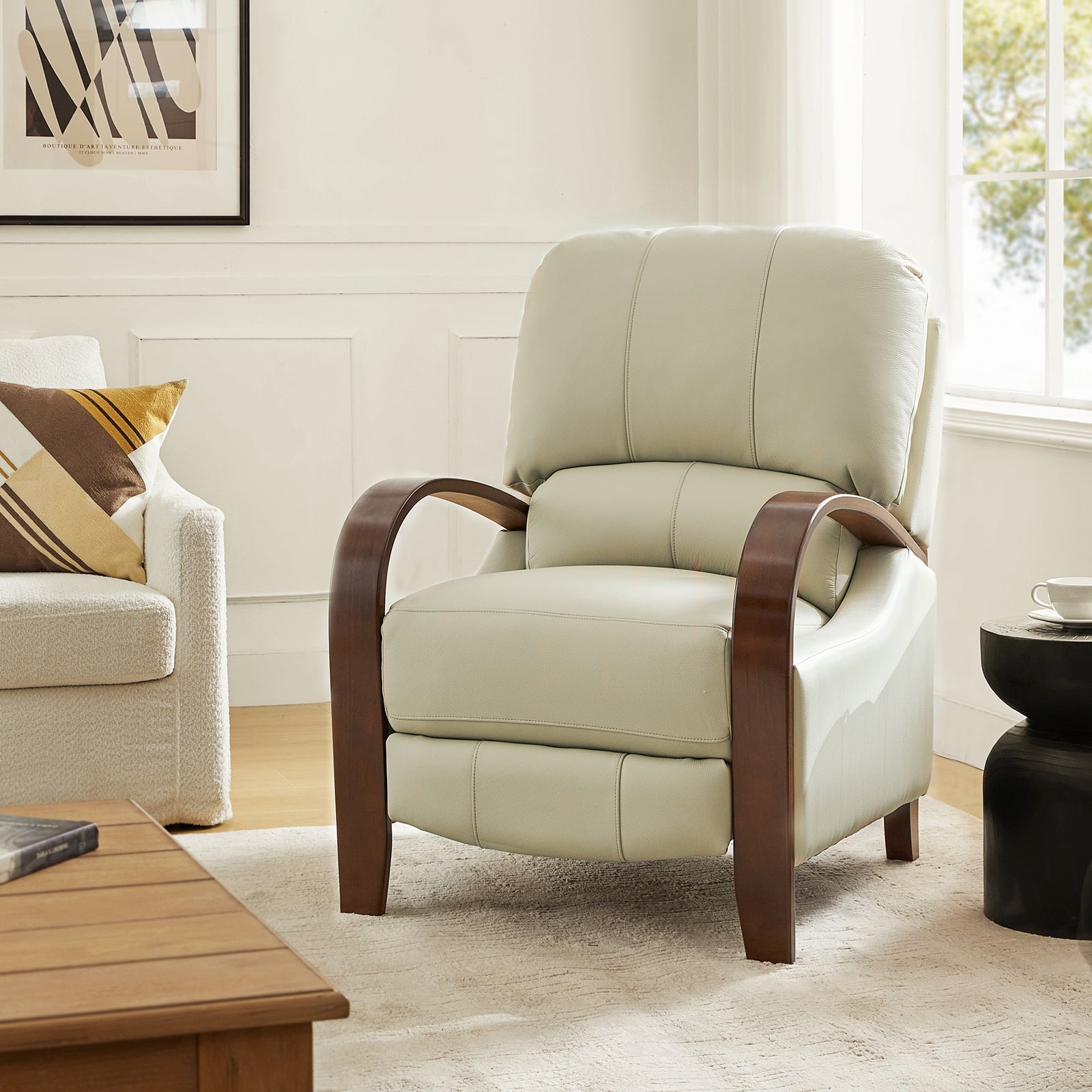 Fauteuil inclinable manuel en cuir véritable avec accoudoirs incurvés, ressorts sinueux et pieds en hévéa noyer | Beige / Chocolat / Camel / Noir / Bordeaux / Marron / Bleu marine / Tourterelle / Gris | Siège unique