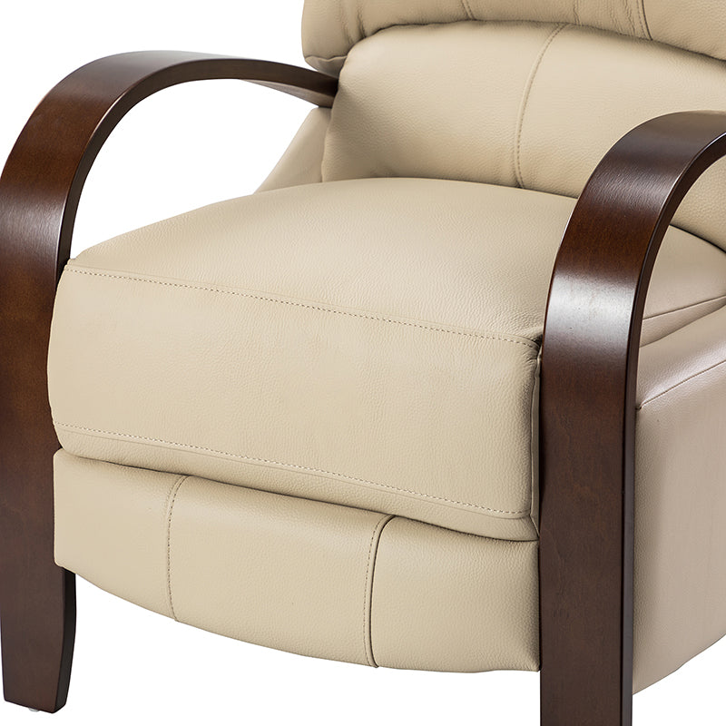 Fauteuil inclinable manuel en cuir véritable avec accoudoirs incurvés, ressorts sinueux et pieds en hévéa noyer | Beige / Chocolat / Camel / Noir / Bordeaux / Marron / Bleu marine / Tourterelle / Gris | Siège unique