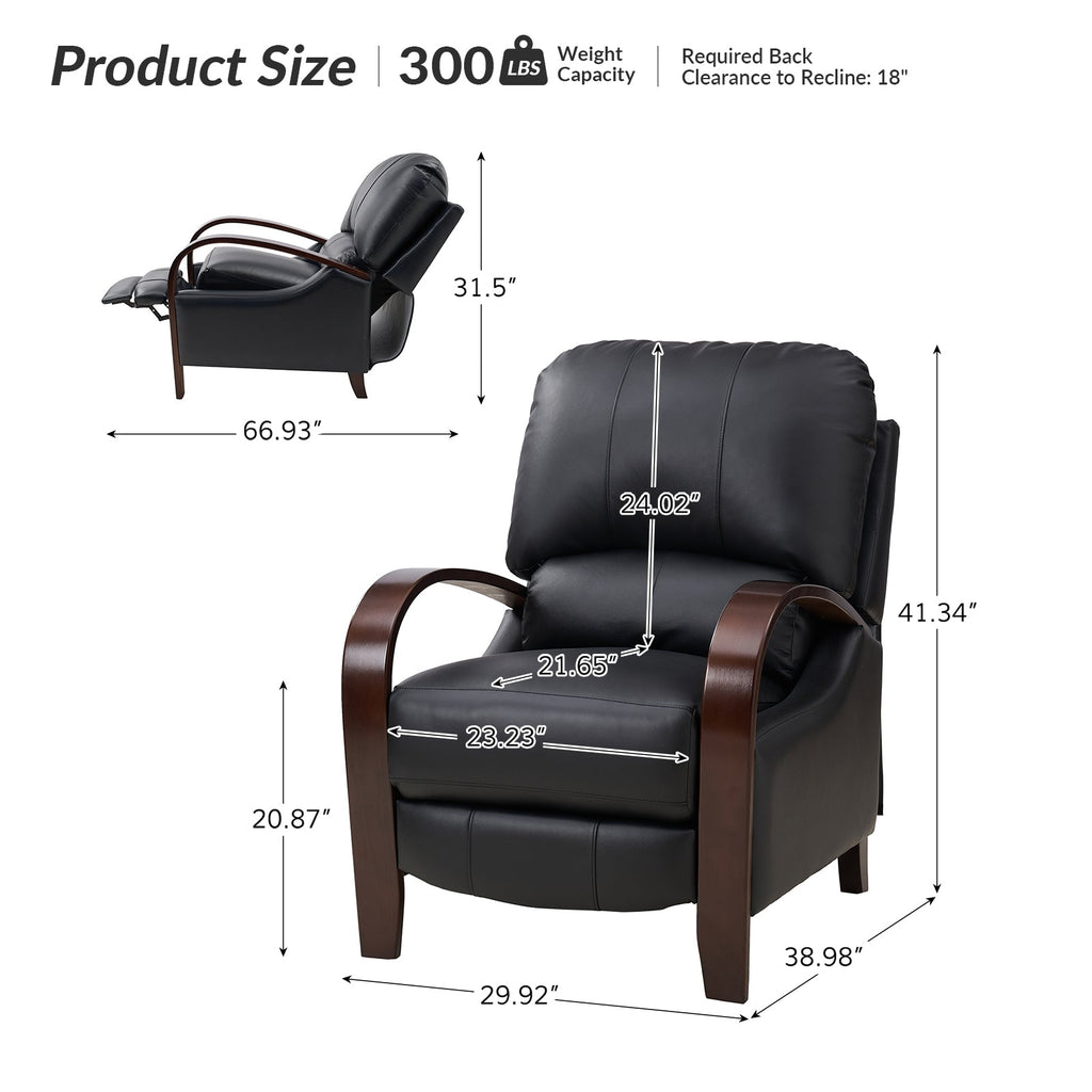 Fauteuil inclinable manuel en cuir véritable avec accoudoirs incurvés, ressorts sinueux et pieds en hévéa noyer | Beige / Chocolat / Camel / Noir / Bordeaux / Marron / Bleu marine / Tourterelle / Gris | Siège unique