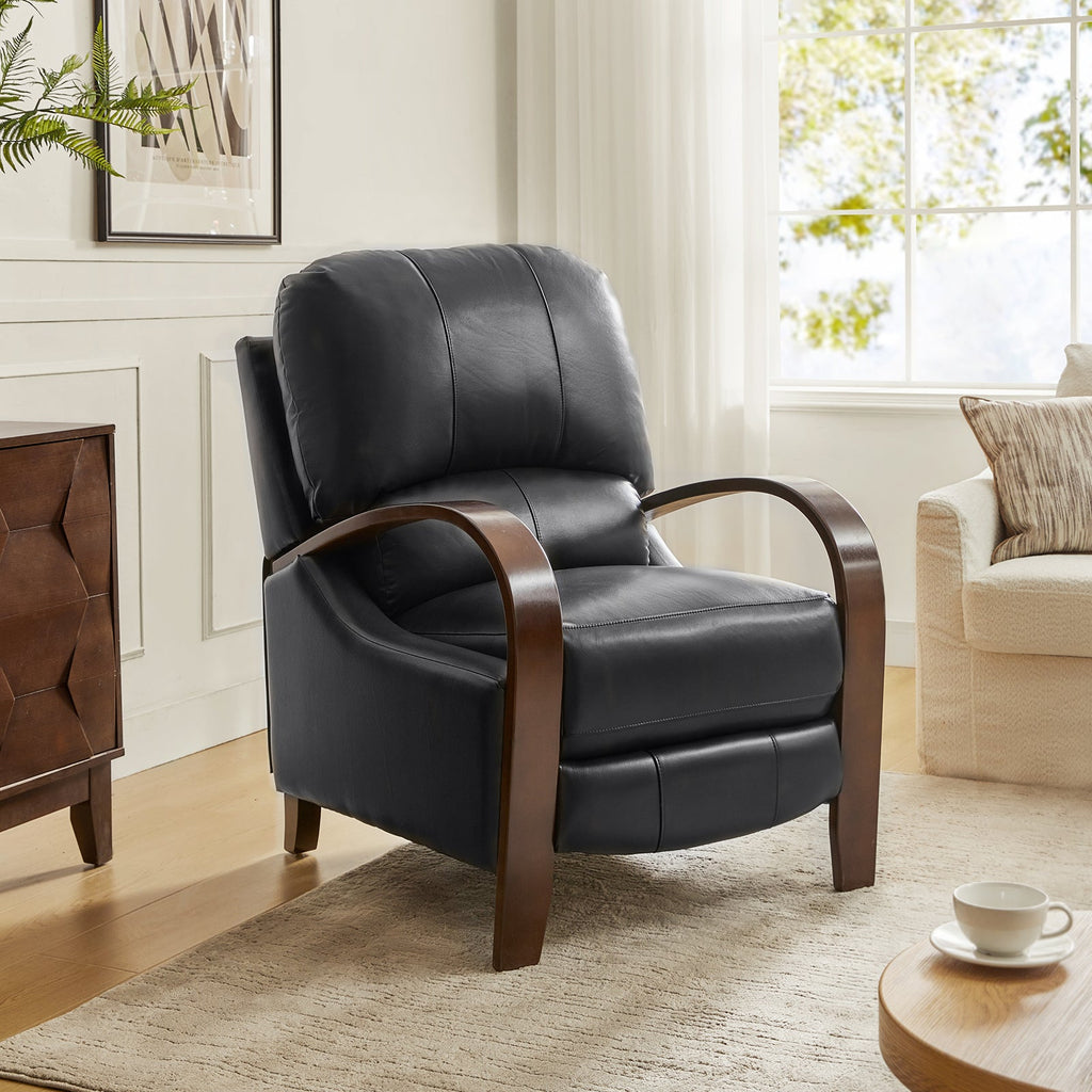 Fauteuil inclinable manuel en cuir véritable avec accoudoirs incurvés, ressorts sinueux et pieds en hévéa noyer | Beige / Chocolat / Camel / Noir / Bordeaux / Marron / Bleu marine / Tourterelle / Gris | Siège unique