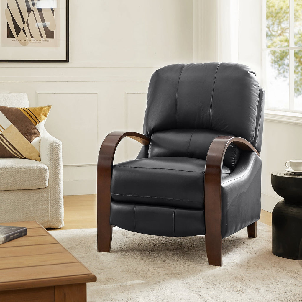 Fauteuil inclinable manuel en cuir véritable avec accoudoirs incurvés, ressorts sinueux et pieds en hévéa noyer | Beige / Chocolat / Camel / Noir / Bordeaux / Marron / Bleu marine / Tourterelle / Gris | Siège unique