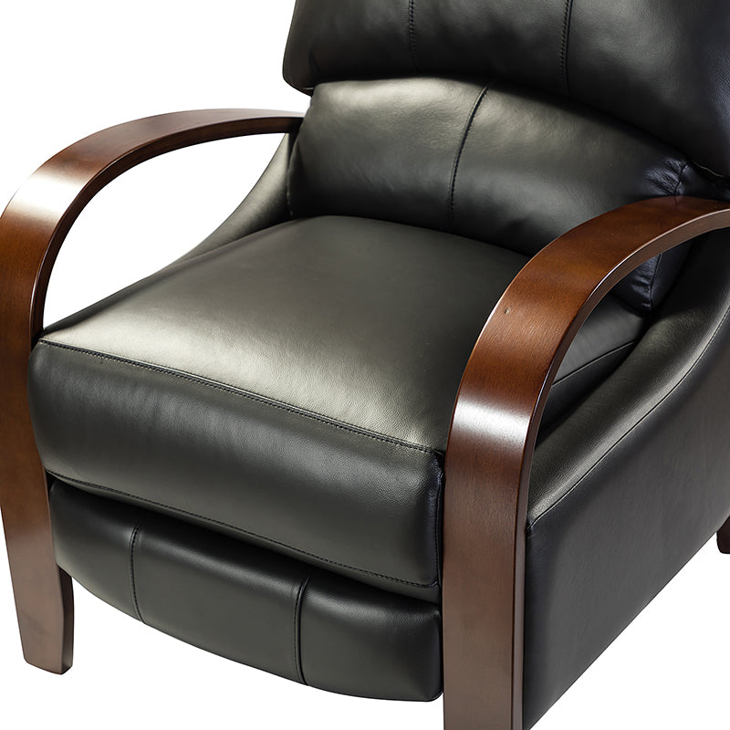 Fauteuil inclinable manuel en cuir véritable avec accoudoirs incurvés, ressorts sinueux et pieds en hévéa noyer | Beige / Chocolat / Camel / Noir / Bordeaux / Marron / Bleu marine / Tourterelle / Gris | Siège unique