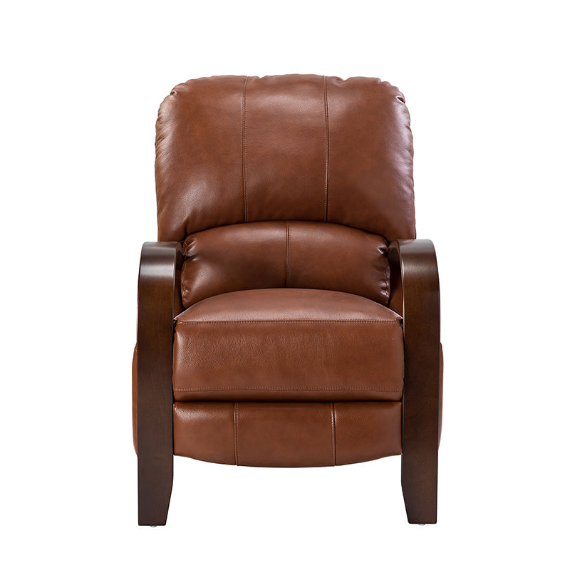 Fauteuil inclinable manuel en cuir véritable avec accoudoirs incurvés, ressorts sinueux et pieds en hévéa noyer | Beige / Chocolat / Camel / Noir / Bordeaux / Marron / Bleu marine / Tourterelle / Gris | Siège unique