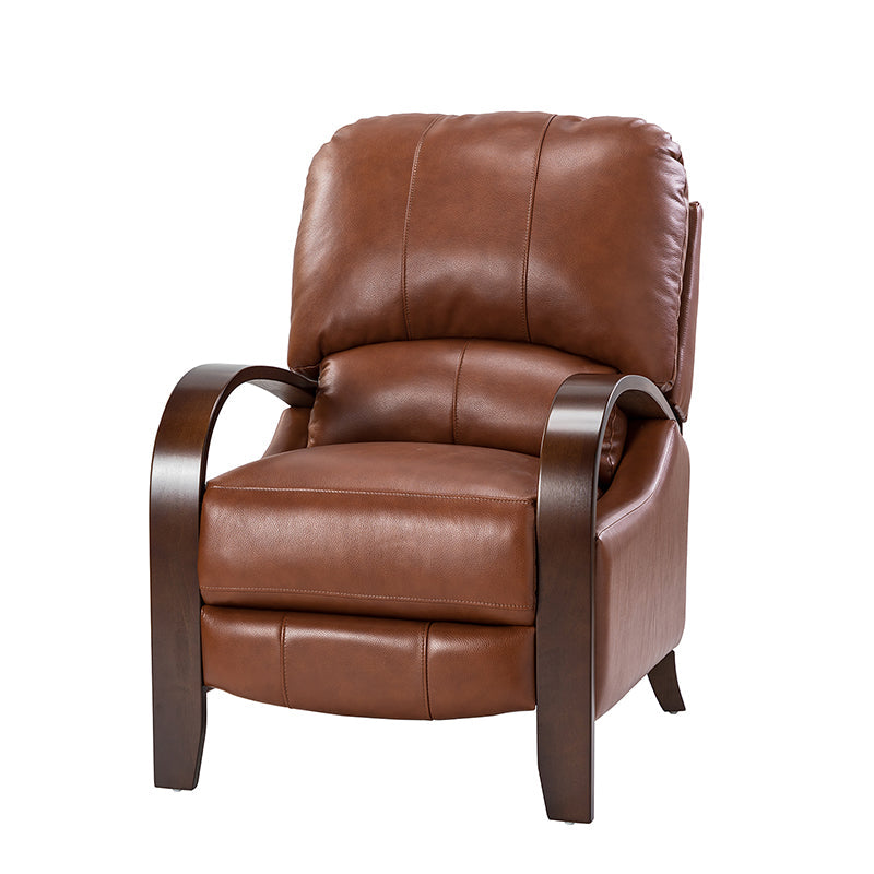 Fauteuil inclinable manuel en cuir véritable avec accoudoirs incurvés, ressorts sinueux et pieds en hévéa noyer | Beige / Chocolat / Camel / Noir / Bordeaux / Marron / Bleu marine / Tourterelle / Gris | Siège unique