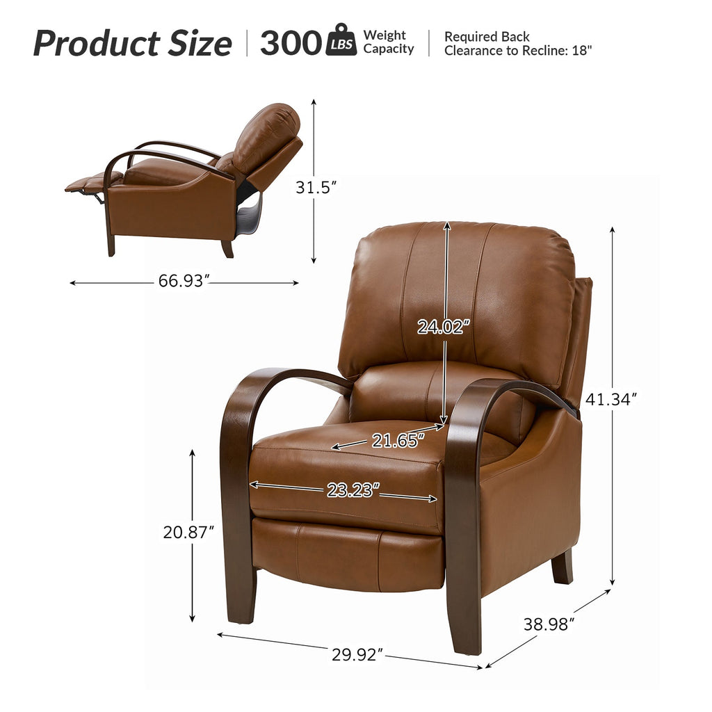Fauteuil inclinable manuel en cuir véritable avec accoudoirs incurvés, ressorts sinueux et pieds en hévéa noyer | Beige / Chocolat / Camel / Noir / Bordeaux / Marron / Bleu marine / Tourterelle / Gris | Siège unique