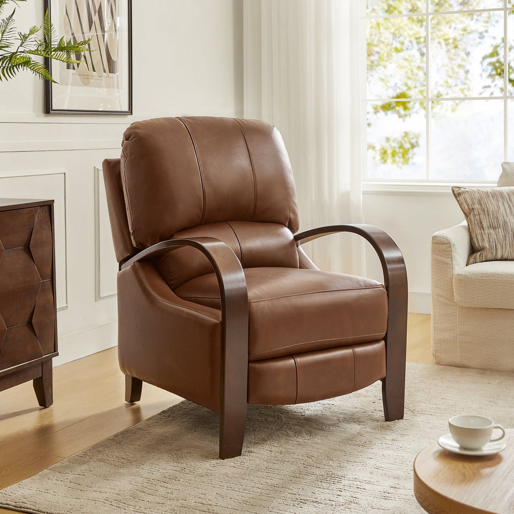 Fauteuil inclinable manuel en cuir véritable avec accoudoirs incurvés, ressorts sinueux et pieds en hévéa noyer | Beige / Chocolat / Camel / Noir / Bordeaux / Marron / Bleu marine / Tourterelle / Gris | Siège unique