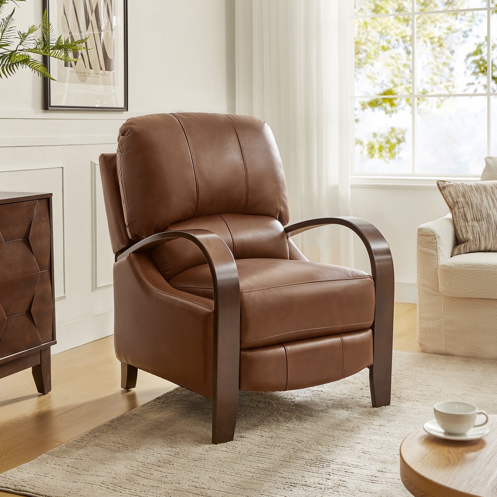 Fauteuil inclinable manuel en cuir véritable avec accoudoirs incurvés, ressorts sinueux et pieds en hévéa noyer | Beige / Chocolat / Camel / Noir / Bordeaux / Marron / Bleu marine / Tourterelle / Gris | Siège unique