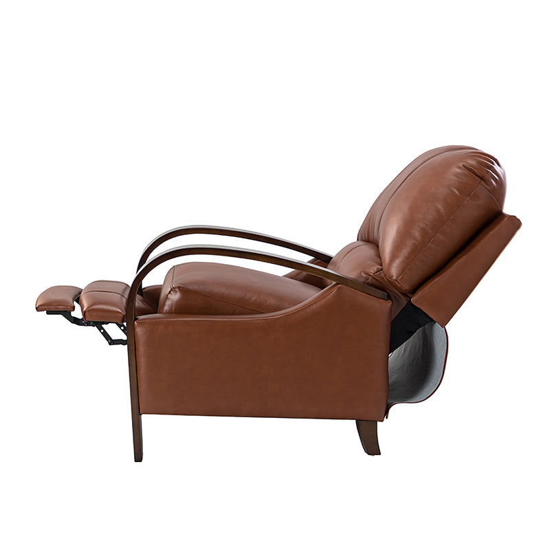 Fauteuil inclinable manuel en cuir véritable avec accoudoirs incurvés, ressorts sinueux et pieds en hévéa noyer | Beige / Chocolat / Camel / Noir / Bordeaux / Marron / Bleu marine / Tourterelle / Gris | Siège unique