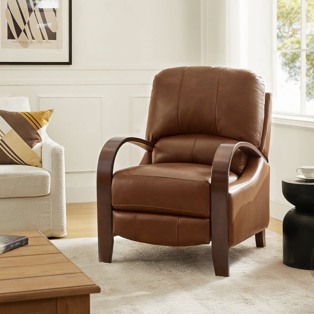 Fauteuil inclinable manuel en cuir véritable avec accoudoirs incurvés, ressorts sinueux et pieds en hévéa noyer | Beige / Chocolat / Camel / Noir / Bordeaux / Marron / Bleu marine / Tourterelle / Gris | Siège unique