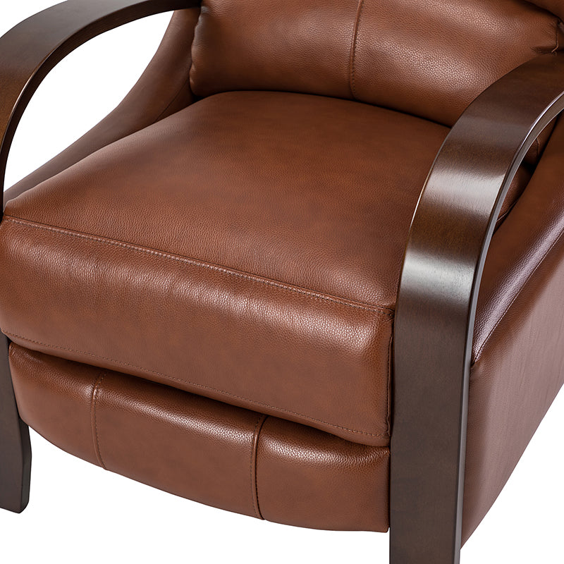 Fauteuil inclinable manuel en cuir véritable avec accoudoirs incurvés, ressorts sinueux et pieds en hévéa noyer | Beige / Chocolat / Camel / Noir / Bordeaux / Marron / Bleu marine / Tourterelle / Gris | Siège unique