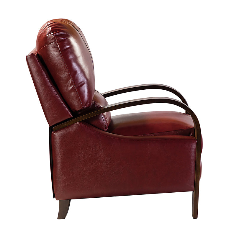 Fauteuil inclinable manuel en cuir véritable avec accoudoirs incurvés, ressorts sinueux et pieds en hévéa noyer | Beige / Chocolat / Camel / Noir / Bordeaux / Marron / Bleu marine / Tourterelle / Gris | Siège unique