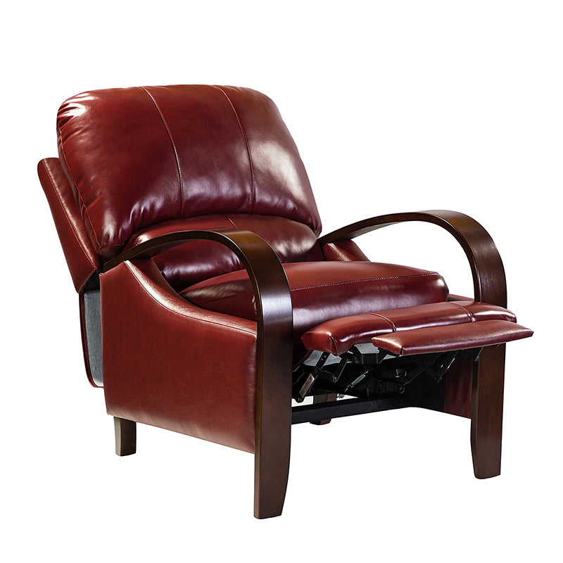 Fauteuil inclinable manuel en cuir véritable avec accoudoirs incurvés, ressorts sinueux et pieds en hévéa noyer | Beige / Chocolat / Camel / Noir / Bordeaux / Marron / Bleu marine / Tourterelle / Gris | Siège unique