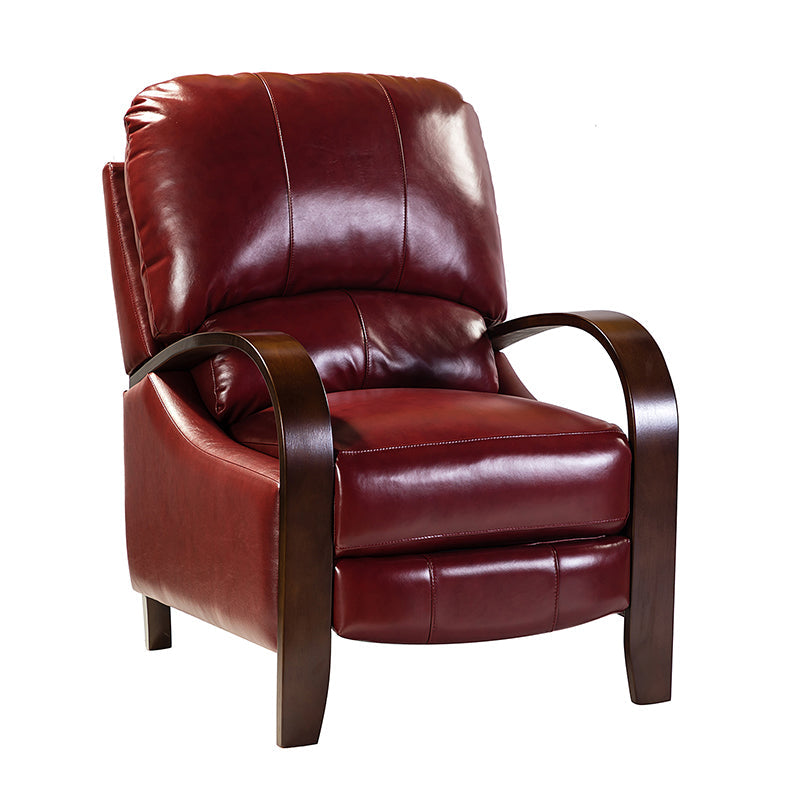 Fauteuil inclinable manuel en cuir véritable avec accoudoirs incurvés, ressorts sinueux et pieds en hévéa noyer | Beige / Chocolat / Camel / Noir / Bordeaux / Marron / Bleu marine / Tourterelle / Gris | Siège unique