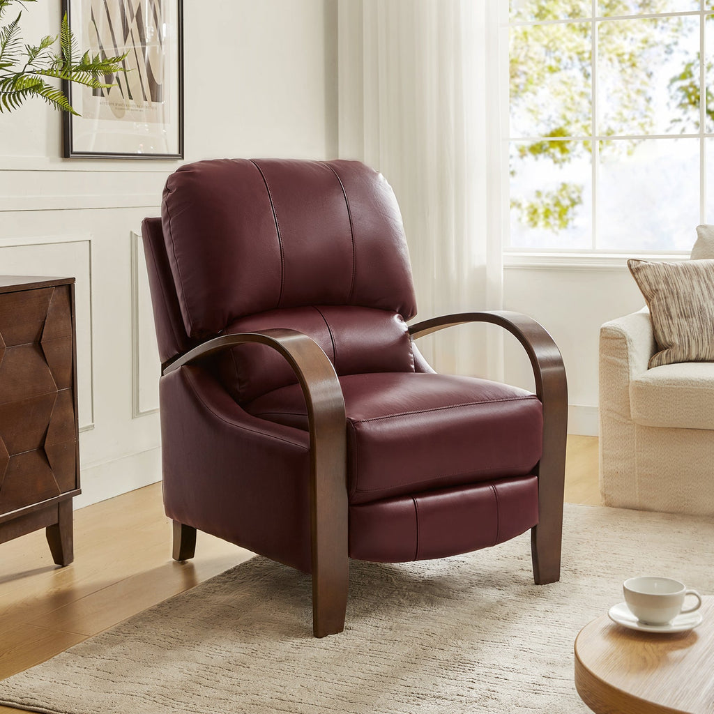 Fauteuil inclinable manuel en cuir véritable avec accoudoirs incurvés, ressorts sinueux et pieds en hévéa noyer | Beige / Chocolat / Camel / Noir / Bordeaux / Marron / Bleu marine / Tourterelle / Gris | Siège unique