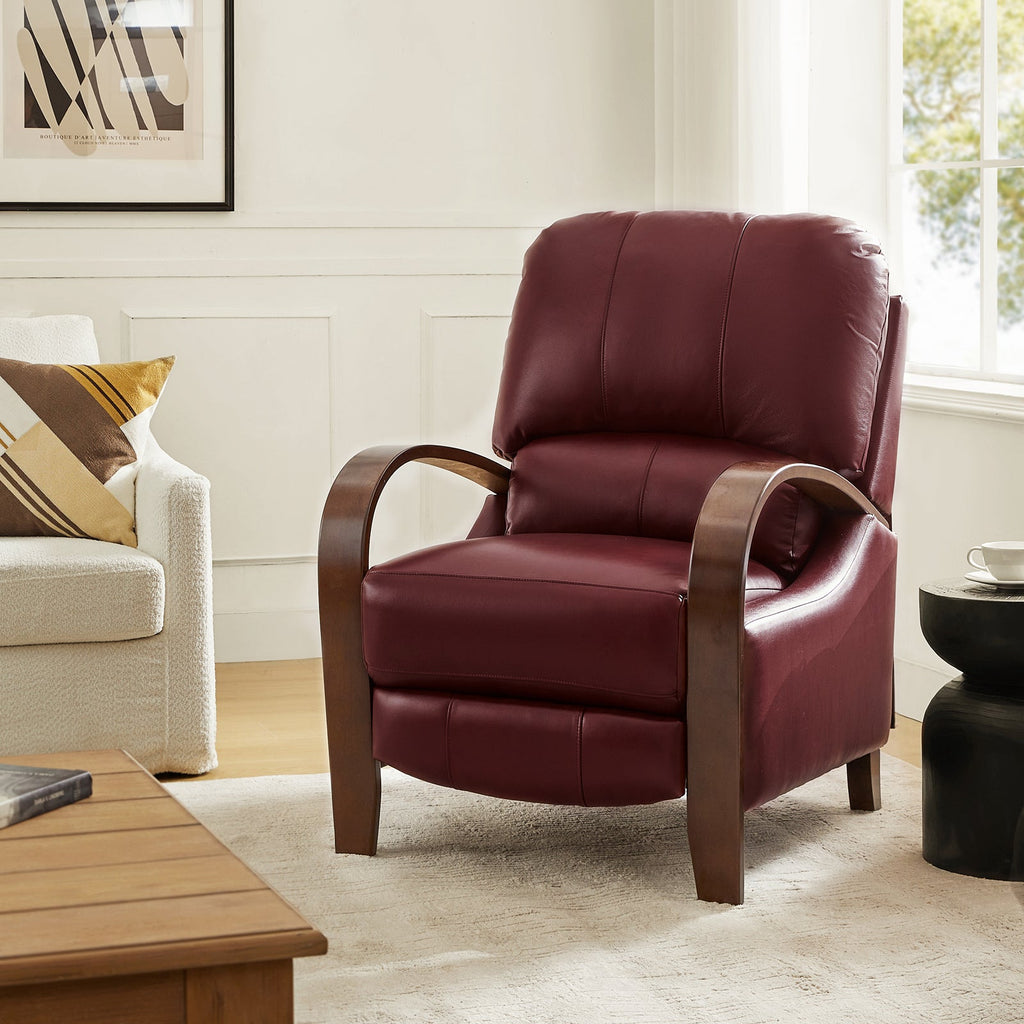 Fauteuil inclinable manuel en cuir véritable avec accoudoirs incurvés, ressorts sinueux et pieds en hévéa noyer | Beige / Chocolat / Camel / Noir / Bordeaux / Marron / Bleu marine / Tourterelle / Gris | Siège unique