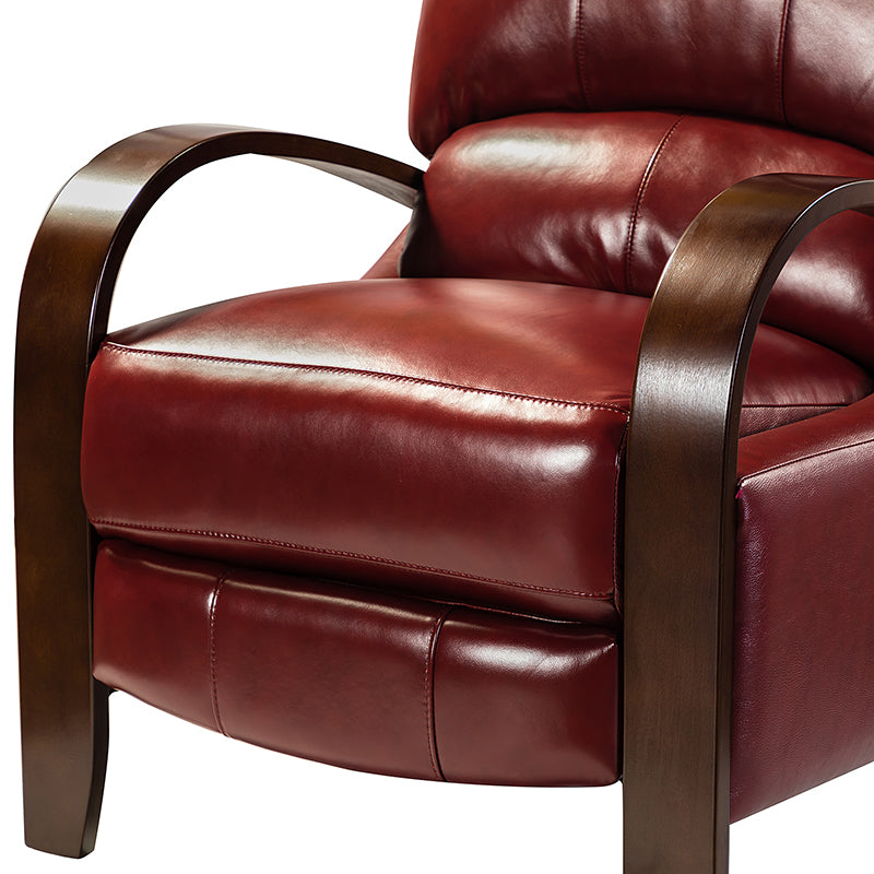 Fauteuil inclinable manuel en cuir véritable avec accoudoirs incurvés, ressorts sinueux et pieds en hévéa noyer | Beige / Chocolat / Camel / Noir / Bordeaux / Marron / Bleu marine / Tourterelle / Gris | Siège unique