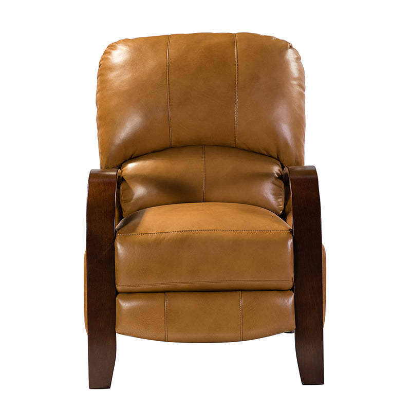 Fauteuil inclinable manuel en cuir véritable avec accoudoirs incurvés, ressorts sinueux et pieds en hévéa noyer | Beige / Chocolat / Camel / Noir / Bordeaux / Marron / Bleu marine / Tourterelle / Gris | Siège unique