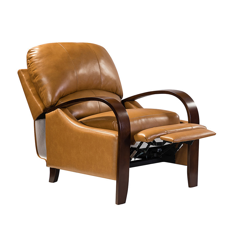 Fauteuil inclinable manuel en cuir véritable avec accoudoirs incurvés, ressorts sinueux et pieds en hévéa noyer | Beige / Chocolat / Camel / Noir / Bordeaux / Marron / Bleu marine / Tourterelle / Gris | Siège unique