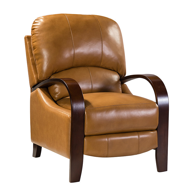 Fauteuil inclinable manuel en cuir véritable avec accoudoirs incurvés, ressorts sinueux et pieds en hévéa noyer | Beige / Chocolat / Camel / Noir / Bordeaux / Marron / Bleu marine / Tourterelle / Gris | Siège unique
