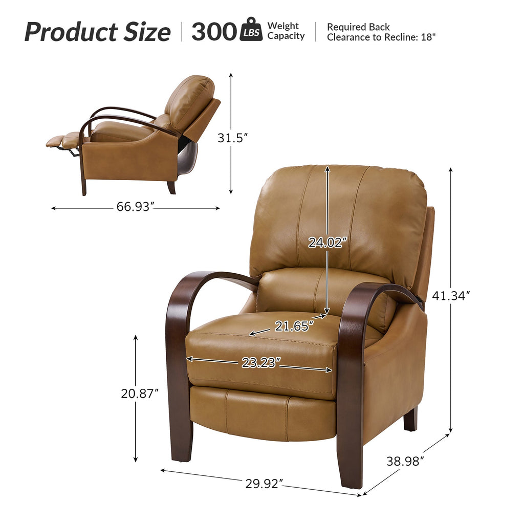 Fauteuil inclinable manuel en cuir véritable avec accoudoirs incurvés, ressorts sinueux et pieds en hévéa noyer | Beige / Chocolat / Camel / Noir / Bordeaux / Marron / Bleu marine / Tourterelle / Gris | Siège unique